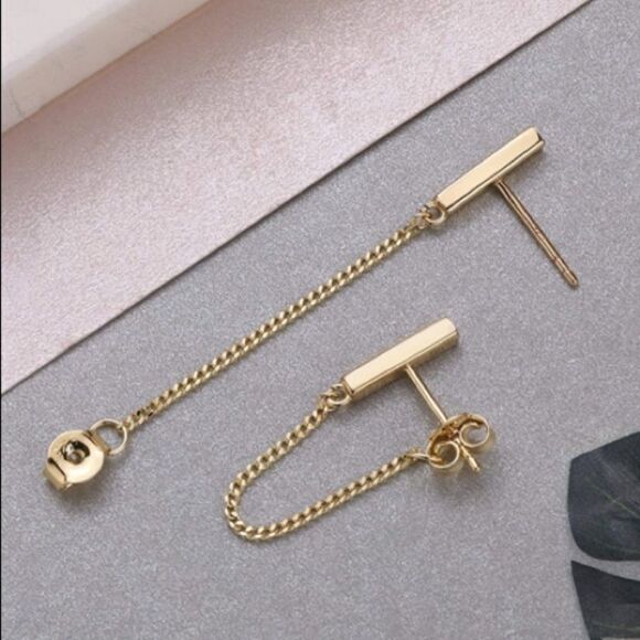 14k Gold/ Sterling Silver Cuban Chain Bar Earrings - Picture 5 of 15